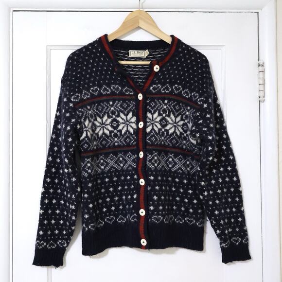 90s Vintage LL Bean Nordic Fair Isle Wool Button Front Cardigan Sweater Size S/M - Picture 1 of 6